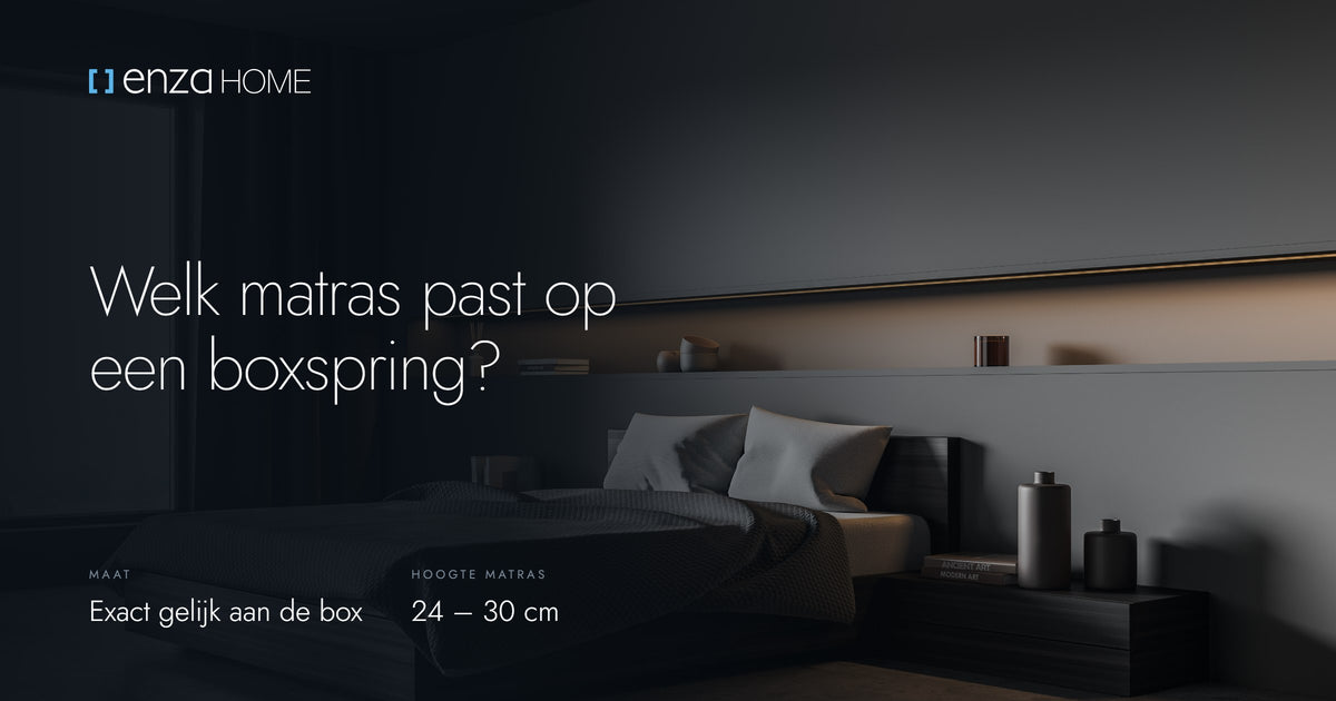 Opgemaakt bed in een donkere slaapkamer, met de vraag welk matras op een boxspring past en een matrashoogte van 24 tot 30 cm