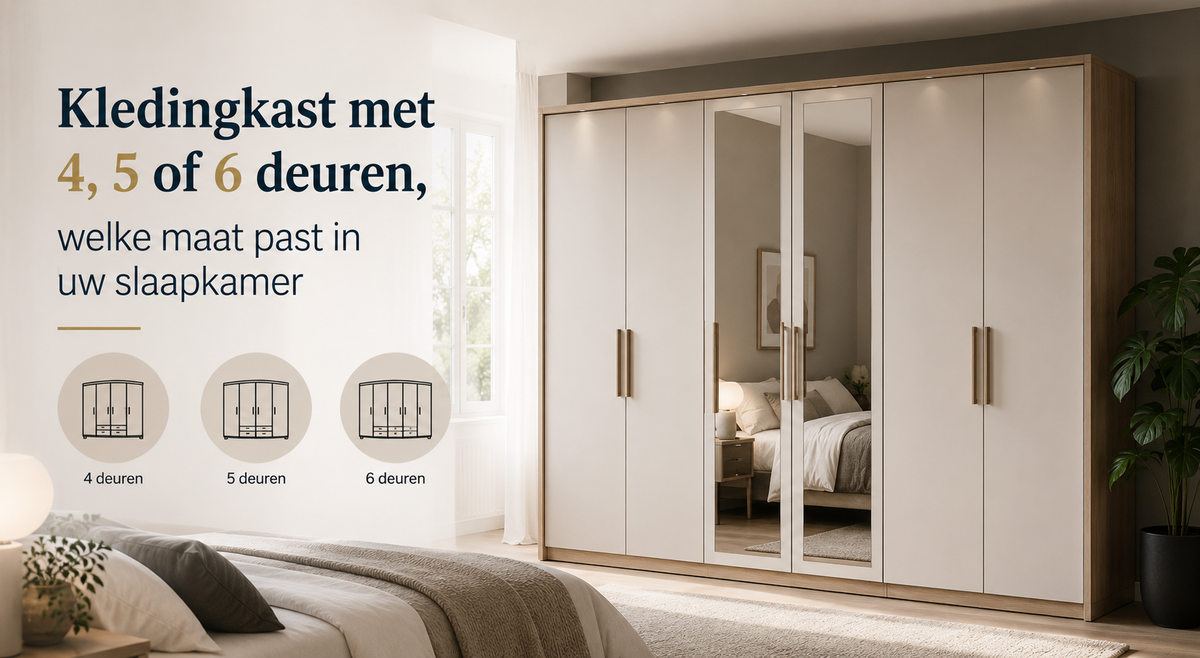 Kledingkast met vier deuren in een slaapkamer, met de breedte in beeld