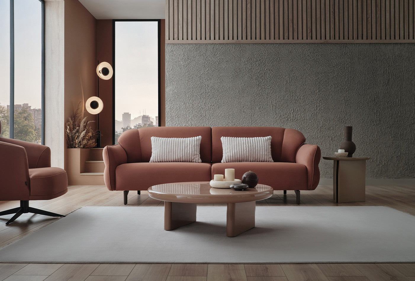 Hera 3-Zitsbank met Slaapfunctie + Fauteuil Orme Stof Donker Zalm - foto 4