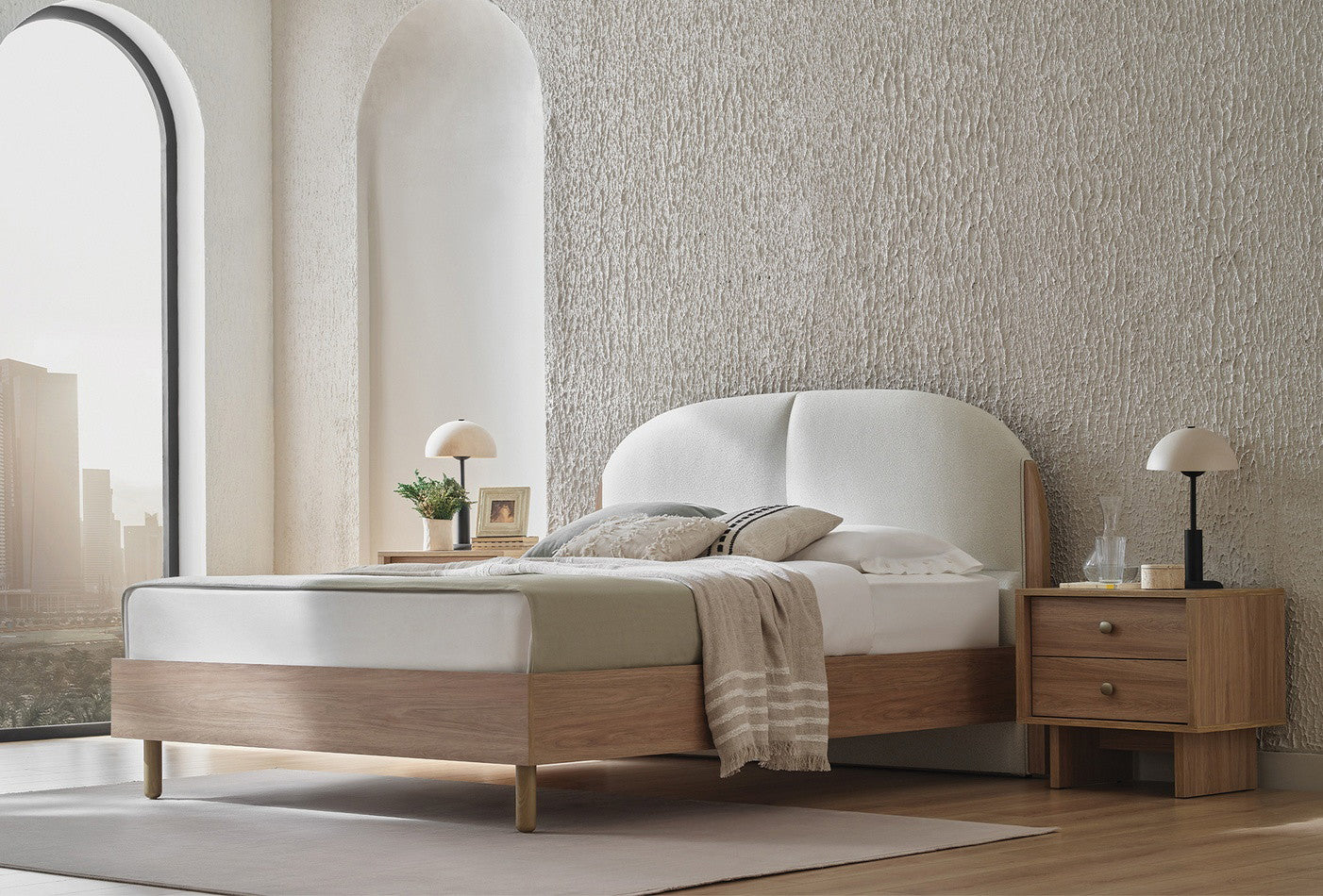 Perge Bed Incl. Hoofdbord 160x200 cm + Kledingkast 5-deurs + Nachtkastje 2 Stuks