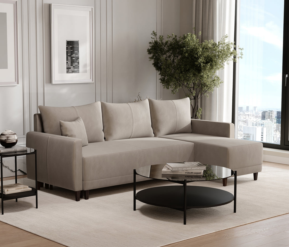 Smart Plus Hoekbank met Slaapfunctie Klein Fluweel Taupe - foto 3