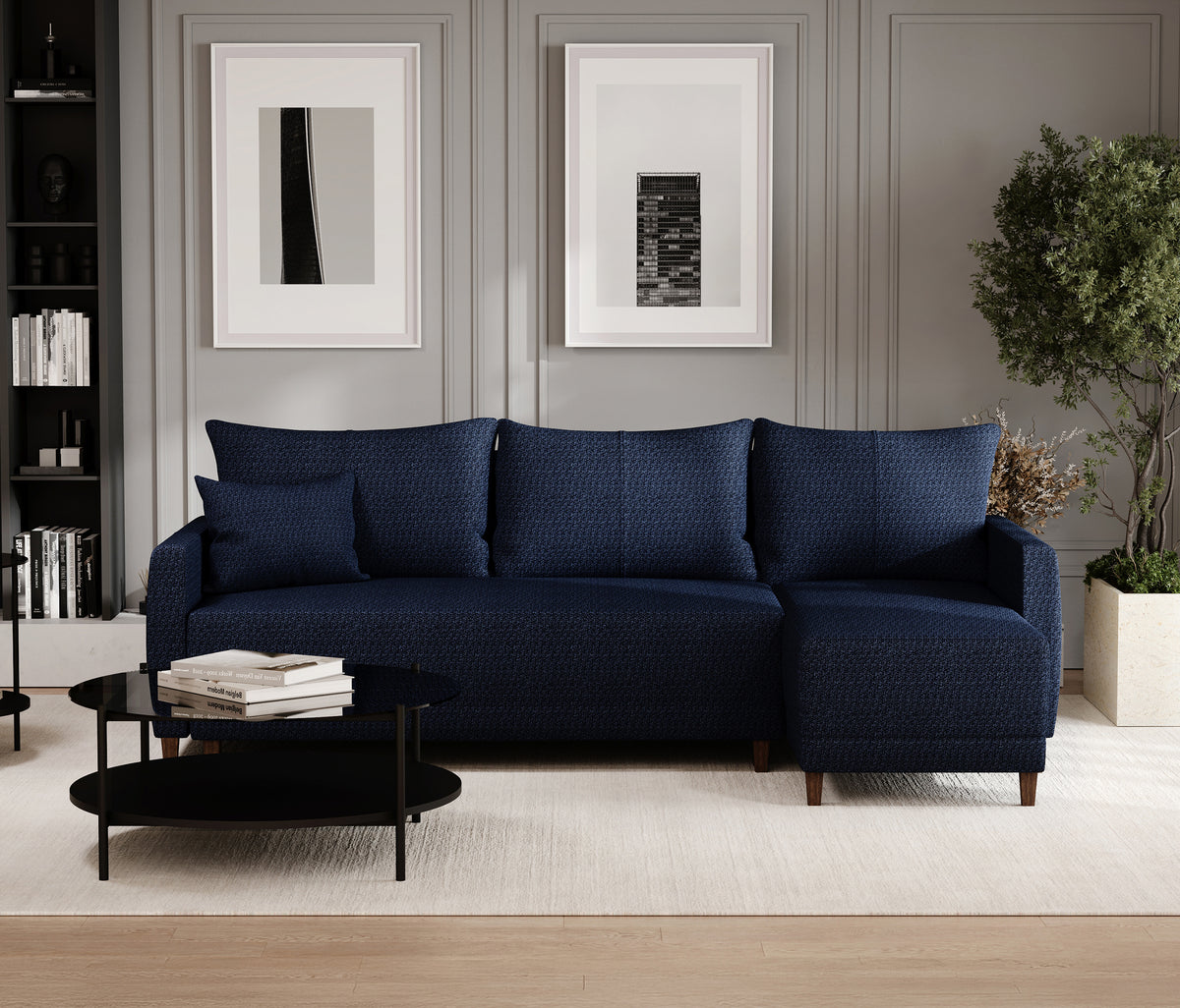 Smart Plus Hoekbank met Slaapfunctie Klein Linnen Look Marineblauw - foto 2