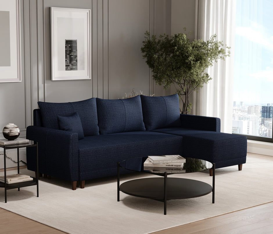 Smart Plus Hoekbank met Slaapfunctie Klein Linnen Look Marineblauw