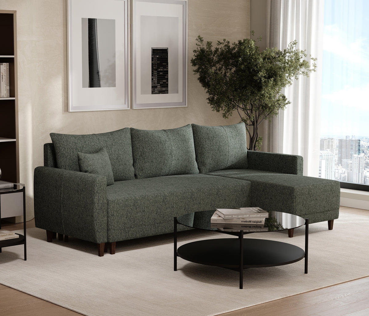 Smart Plus Hoekbank met Slaapfunctie Klein Chenille Groen - foto 3