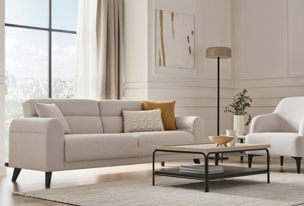 Paloma 3-Zitsbank met Slaapfunctie + Fauteuil Linnen geweven Creme - foto 4