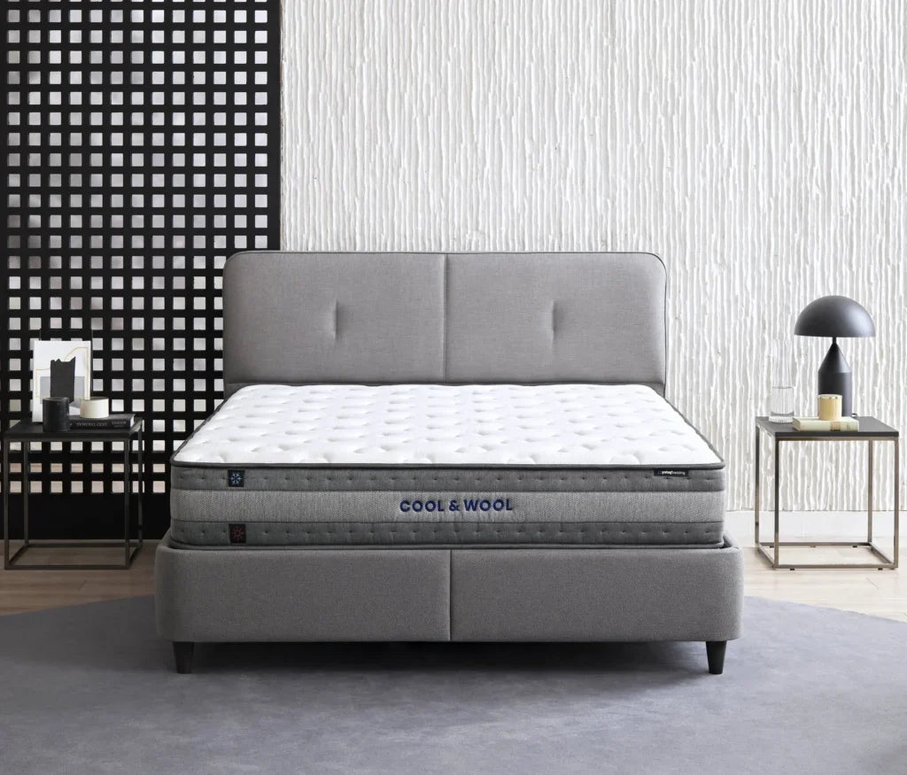 Lento Boxspring met Opbergruimte met Cool Action hoofdbord, creme 14207