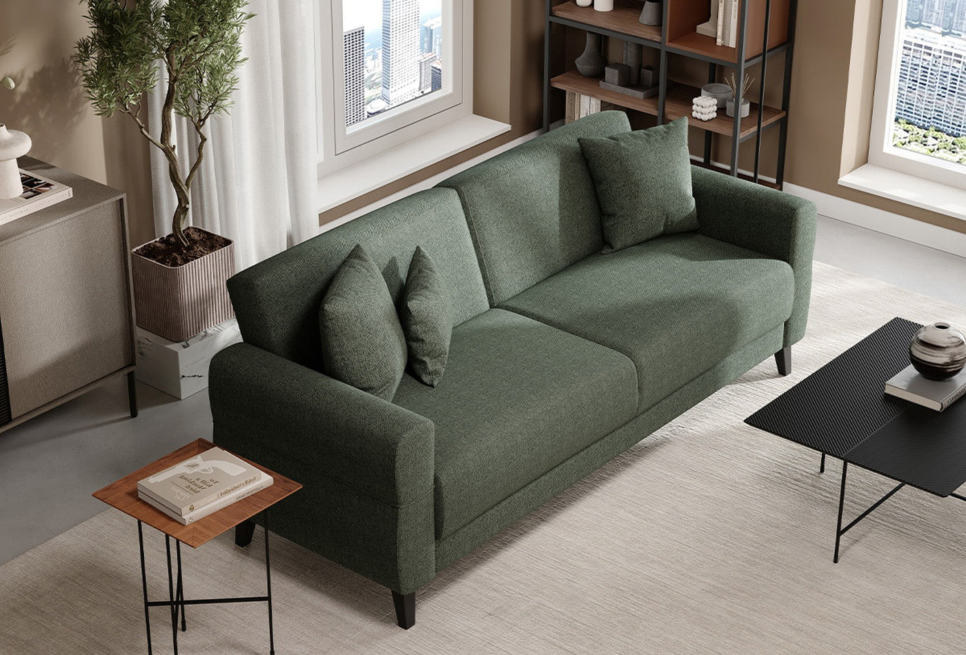 Astera Plus 3-Zitsbank met slaapfunctie Chenille Amandel Groen - foto 5