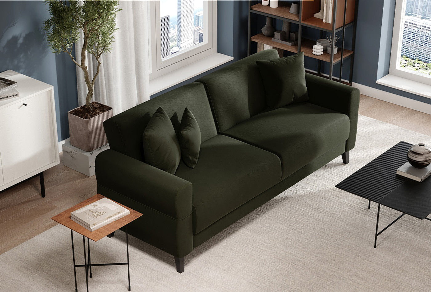 Astera Plus 3-Zitsbank met slaapfunctie Fluweel Donker Haki Antraciet - foto 5