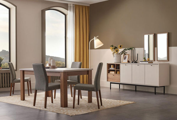 Loreto Klein Dressoir Eettafel Uitschuifbaar 120 Cm Cordell Eetkamerstoel 4 Stuks