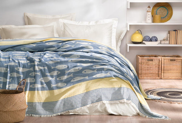 Veta Blauw Pique Bed Sprei Tweepersoons